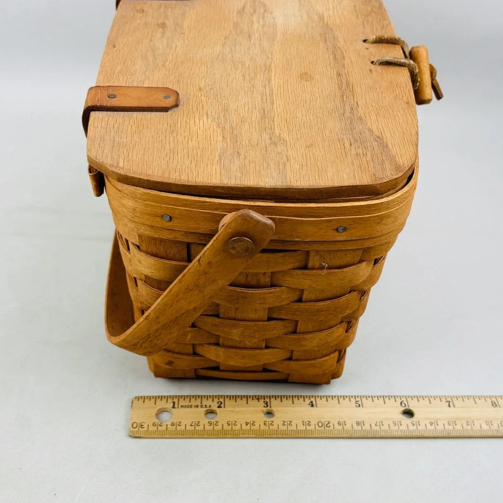 Vintage Longaberger Small Wood Picnic Basket Moving Handle Brown Handwoven 1991